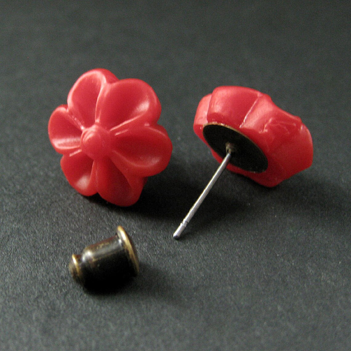 Red Flower Earrings With Bronze Earring Studs. Outie Button Etsy