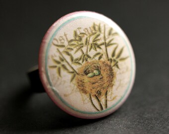 Robins Nest Ring. Bird Nest Ring. Graphic Button Ring. Nature Ring. Adjustable Ring. Bronze Ring. Graphic Ring. Handmade Ring.