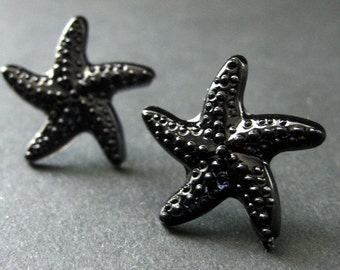 Black Starfish Earrings. Black Star Earrings with Silver Stud Earring Backs. Handmade Jewelry.