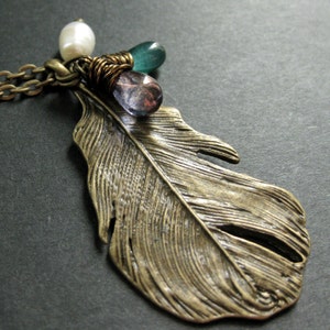 Feather Necklace. Bronze Charm Necklace in Teal, Purple and Fresh Water Pearl. Handmade Jewellery. image 3