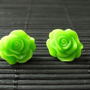 Flower Earrings: Lime Green Post Earrings with Resin Roses. Flower Jewelry. Handmade Jewelry. image 1