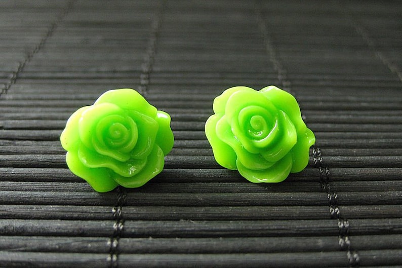 Flower Earrings: Lime Green Post Earrings with Resin Roses. Flower Jewelry. Handmade Jewelry. image 1