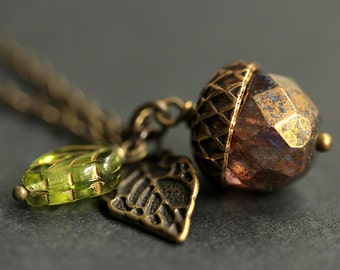 Acorn Necklace. Copper Shimmer Acorn Pendant. Brown Acorn Necklace. Crystal Acorn Charm Necklace. Bronze Acorn Jewelry.  Handmade Jewelry.