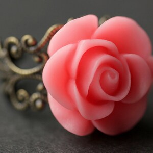 Coral Pink Rose Ring. Coral Pink Flower Ring. Gold Ring. Silver Ring. Bronze Ring. Copper Ring. Adjustable Ring. Handmade Jewelry. image 3