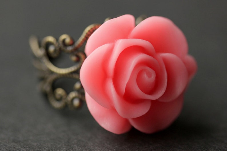 Coral Pink Rose Ring. Coral Pink Flower Ring. Gold Ring. Silver Ring. Bronze Ring. Copper Ring. Adjustable Ring. Handmade Jewelry. image 3