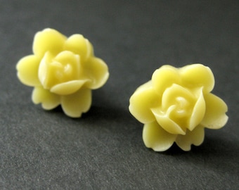 Yellow Lotus Rose Earrings. Bronze Post Earrings. Lotus Flower Earrings. Yellow Flower Earrings. Yellow Earrings. Handmade Jewelry