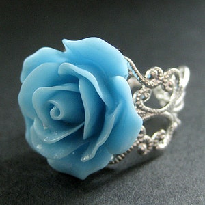 Baby Blue Rose Ring. Sky Blue Flower Ring. Filigree Adjustable Ring. Flower Jewelry. Handmade Jewelry. image 1