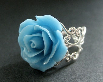 Baby Blue Rose Ring. Sky Blue Flower Ring. Filigree Adjustable Ring. Flower Jewelry. Handmade Jewelry.