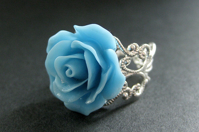 Baby Blue Rose Ring. Sky Blue Flower Ring. Filigree Adjustable Ring. Flower Jewelry. Handmade Jewelry. image 1