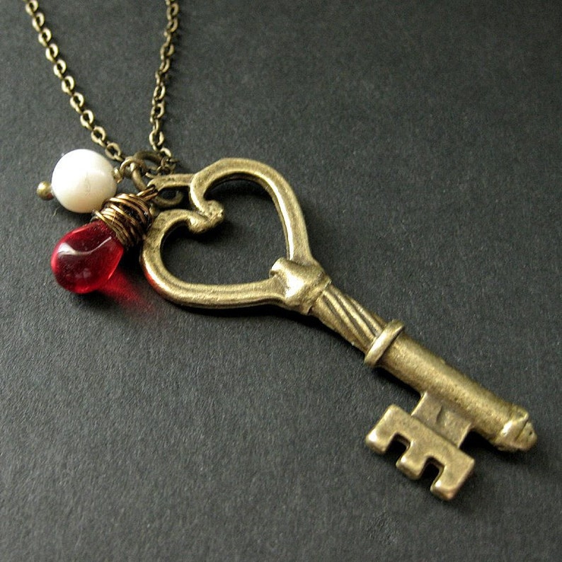 Key Necklace in Bronze with Wire Wrapped Red Teardrop Charm Necklace. Handmade Jewelry. image 2