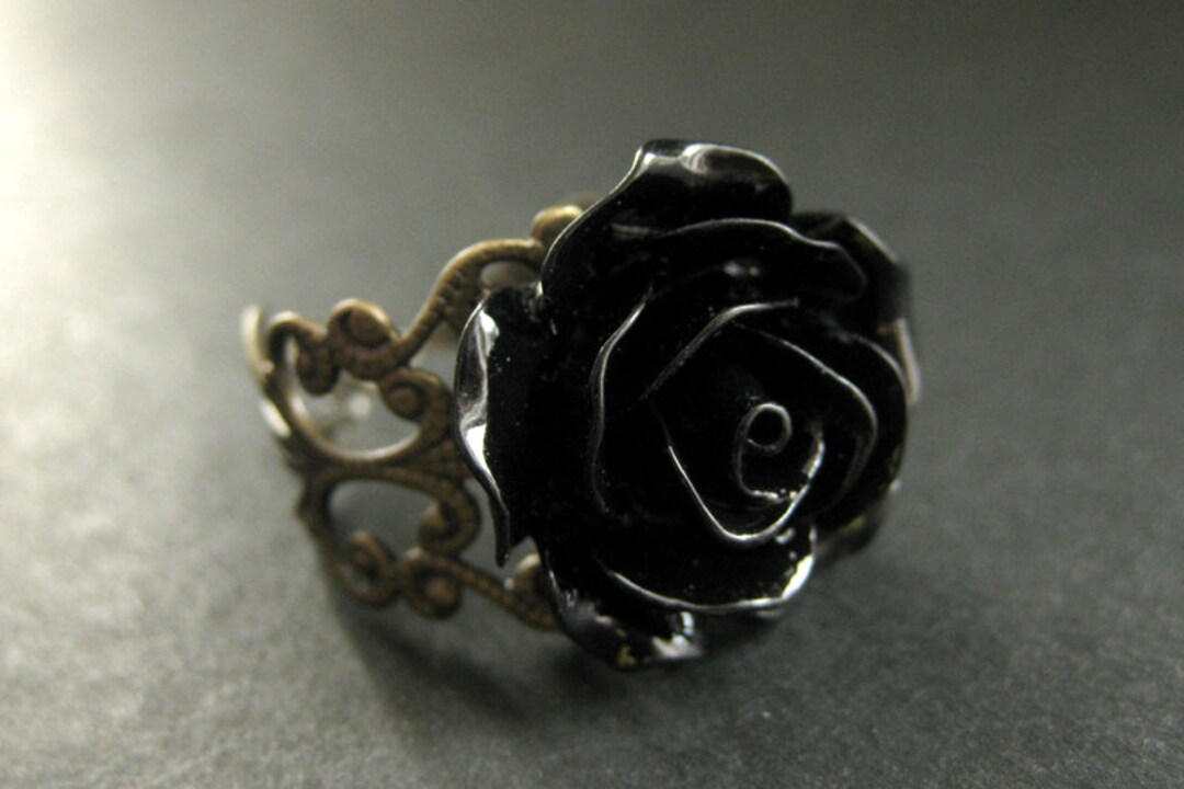 Black Rose Ring. Black Flower Ring. Filigree Ring. Adjustable Ring