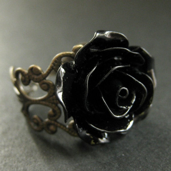 Black Rose Ring. Black Flower Ring. Filigree Ring. Adjustable Ring. Flower Jewelry. Handmade Jewelry.