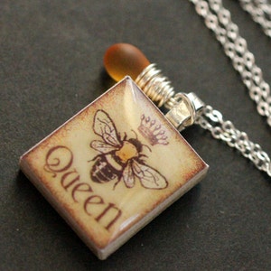 Bee Necklace. Queen Bee Necklace. Scrabble Tile Necklace with Frosted Honey Teardrop. Handmade Jewelry. image 4