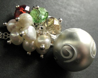 Spiral Cluster Necklace. Silver Holiday Necklace with Crystal and Pearl. Handmade Christmas Jewelry.