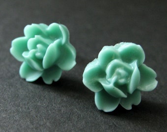Turquoise Flower Earrings. Turquoise Lotus Rose Earrings. Post Earrings. Turquoise Earrings. Silver Stud Earrings. Handmade Jewelry
