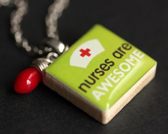 Nurse Necklace. Scrabble Tile Necklace. Nurse Charm Necklace with Red Coral Teardrop. Nurse Gift. Nurse Jewelry. Handmade Jewelry.