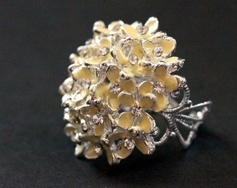 Ivory Flowers Button Ring in Silver with Rhinestone Centers. Adjustable Size Ring. Handmade Jewelry.