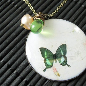 Green Butterfly Necklace in Bronze with Spring Green Wire Wrapped Teardrop and Pearl. Handmade Jewelry.