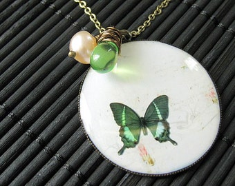 Green Butterfly Necklace in Bronze with Spring Green Wire Wrapped Teardrop and Pearl. Handmade Jewelry.