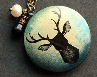 Deer Silhouette Locket Necklace. Deer Necklace with Black Teardrop and Pearl. Deer Locket. Handmade Jewelry.