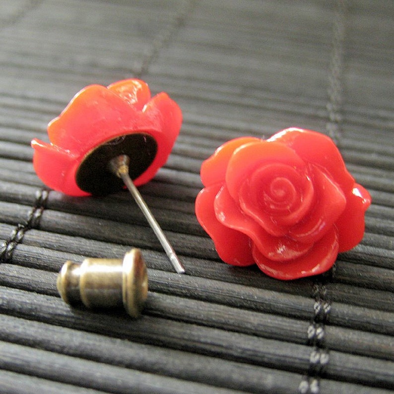 Red Rose Flower Earrings with Bronze Post Earrings. Flower Etsy