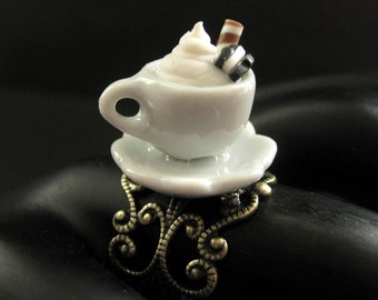 Ice Cream Ring. Dessert Ring. Teacup Ring in White with Whipped Topping. Bronze Filigree Adjustable Ring. Handmade Jewelry.