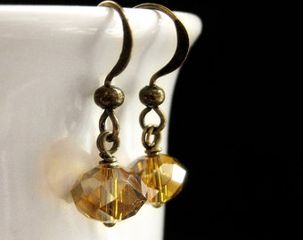 Dark Honey Crystal Earrings. Dangle Earrings in Marigold Glass Crystals and Bronze. Crystal Drop Earrings. Handmade Jewelry.
