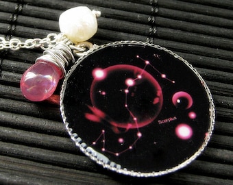 Scorpio Zodiac Necklace. Sun Sign Charm Necklace in Dark Pink. Handmade Jewelry.