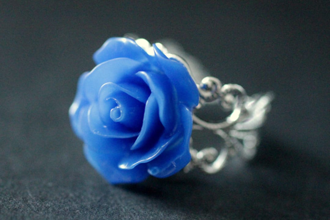 Cobalt Blue Rose Ring. Blue Flower Ring. Filigree Adjustable Ring