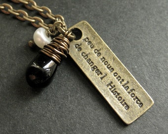 Kennedy Quote Necklace. French Necklace with Wire Wrapped Black Teardrop and Fresh Water Pearl. Bronze Necklace. Handmade Jewelry.