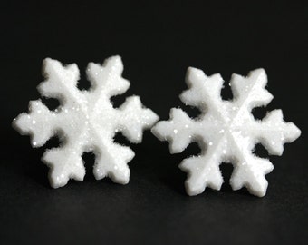 Snowflake Earrings No.0 - White Snow Earrings with Silver Stud Earring Backs. Winter Earrings. Handmade Jewelry.