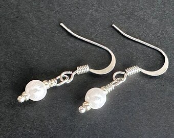 Tiny Pearl Earrings. White Pearl Dangle Earrings. Pearl Bead Earrings. White Earrings. Silver Plated Earrings. Handmade Jewelry.