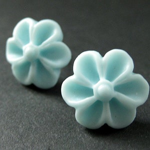 Light Blue Flower Earrings with Silver Earring Posts. Outie Button Flower Jewelry. Handmade Jewelry.