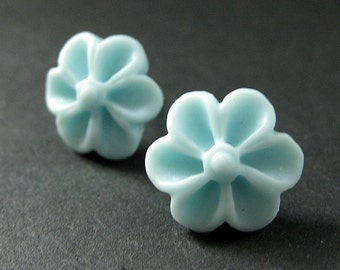 Light Blue Flower Earrings with Silver Earring Posts. Outie Button Flower Jewelry. Handmade Jewelry.