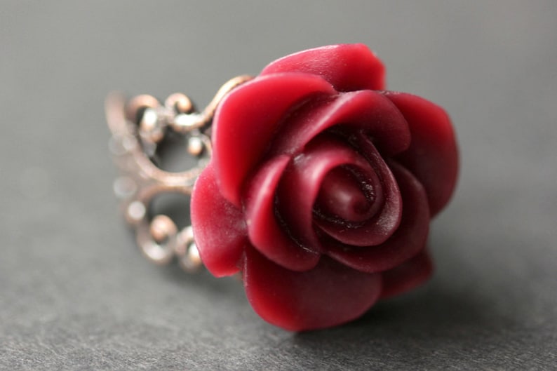 Maroon Rose Ring. Dark Red Flower Ring. Gold Ring. Silver Ring. Bronze Ring. Copper Ring. Adjustable Ring. Handmade Jewelry. image 3