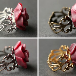 Maroon Rose Ring. Dark Red Flower Ring. Gold Ring. Silver Ring. Bronze Ring. Copper Ring. Adjustable Ring. Handmade Jewelry. image 2