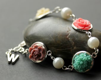 Personalized Flower Bracelet. Pink, Ivory, Mauve and Turquoise Flower Bracelet in Silver. Flower and Pearl Bracelet. Handmade Bracelet.
