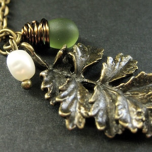 Bronze Leaf Necklace. Fern Leaf Necklace with Clouded Green Teardrop and Fresh Water Pearl. Handmade Jewelry.