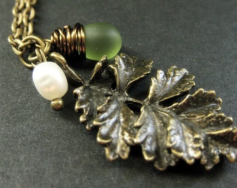 Bronze Leaf Necklace. Fern Leaf Necklace with Clouded Green Teardrop and Fresh Water Pearl. Handmade Jewelry.