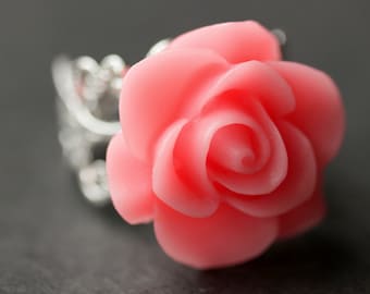 Koralle rosa Ring. Rosa Blumen-Ring. Vergoldeter Ring. Silber Ring. Bronze-Ring. Kupfer Ring. Verstellbarer Ring. Handmade Schmuck.