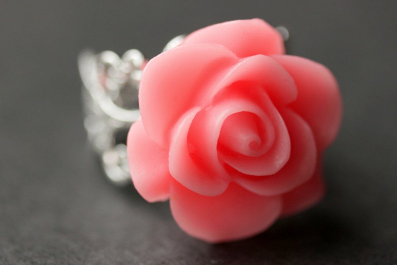 Coral Pink Rose Ring. Coral Pink Flower Ring. Gold Ring. Silver Ring. Bronze Ring. Copper Ring. Adjustable Ring. Handmade Jewelry. image 1