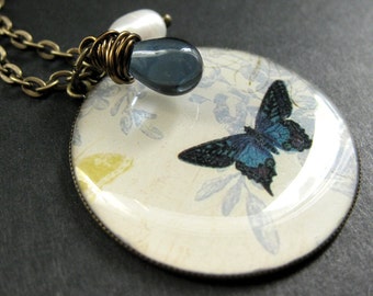 Butterfly Necklace. Dark Blue Butterfly Necklace with Midnight Blue Teardrop and Pearl. Handmade Jewelry.