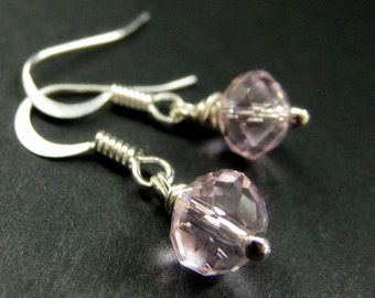 Pink Dangle Earrings. Crystal Earrings in Pale Pink Glass and Silver. Handmade Jewelry.