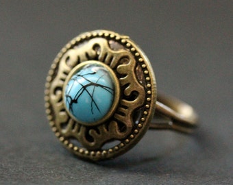 Bronze Mandala Ring in Turquoise and Silver. Mediterranean Mandala Ring. Button Ring. Adjustable Ring. Handmade Jewelry.