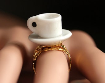 Coffee Cup Ring. Porcelain Cup and Saucer Ring. White Cup Ring. Gold Filigree Ring. Adjustable Ring. White Ring. Gold Ring. Handmade Ring.