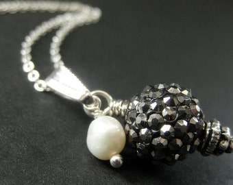 Hematite Gray Kissing Ball Necklace. Dark Gray Necklace Rhinestone Necklace with Fresh Water Pearl. Handmade Jewelry.