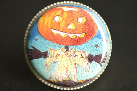 Cute Pumpkin Scarecrow Ring. Halloween Ring. Vintage Picture Ring. Adjustable Ring. Silver Ring. Halloween Jewelry. Handmade Ring.