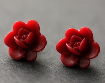 Dark Red Lotus Rose Post Earrings Handmade with Bronze Stud Earrings. Handmade Jewelry.