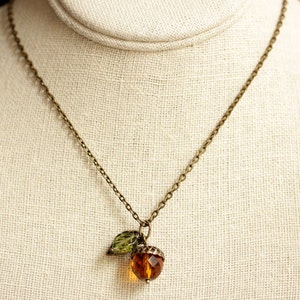 Autumn Orange Acorn Necklace. Acorn Pendant in Bronze. Crystal Acorn Necklace. Glass Acorn Charm Necklace. image 4