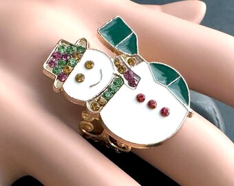 Enamel Snowman Ring. Rhinestone Ring. Christmas Ring. Holiday Jewelry. Adjustable Ring. Christmas Jewelry. Gold Plated Ring. Holiday Ring.